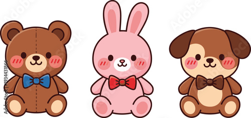 Cute Teddy Bear Bunny and Puppy Plush Toys Cartoon Vector Illustration Set