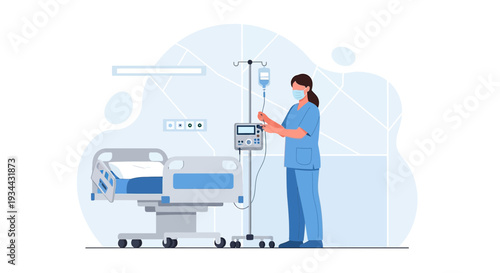 Nurse Administers IV Drip Treatment Next to Hospital Bed in Modern Clinic