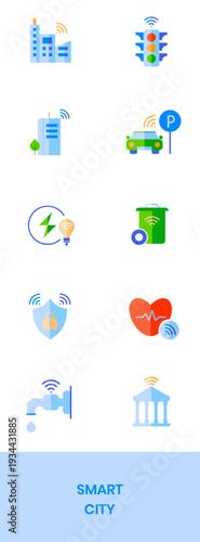 Smart city icon set showing connected buildings, traffic light, parking, energy, waste, security, health, water, and government services with wireless technology symbols.