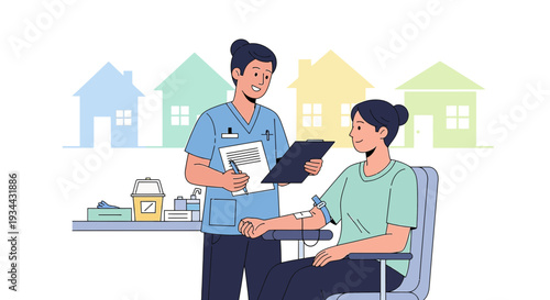 Nurse Administers Medical Treatment to Patient with Houses Background