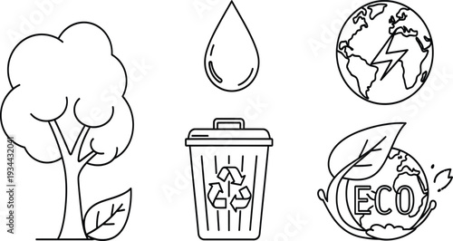 Environmental Icons: Tree, Water Drop, Recycle Bin, Earth, Eco Symbol