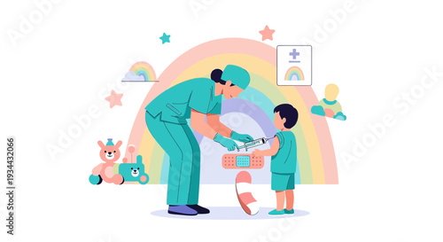 Nurse Applying Bandage to Child with Rainbow and Toys