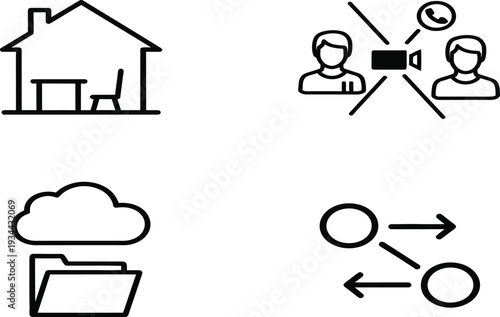 Home office, video call, cloud storage, workflow icons set