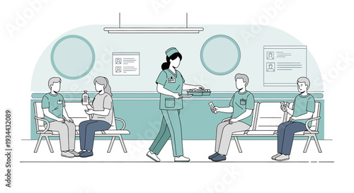Nurse Attends Patients in Waiting Room, Medical Clinic Illustration
