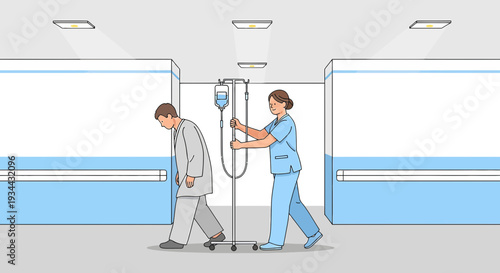 Nurse Assists Patient with IV Drip in Hospital Corridor