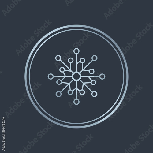 A silver snowflake-like network icon with connected nodes and lines, enclosed within a double circular border on a dark grey background.