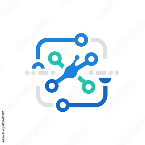 Abstract digital network connection illustration with central processing unit and multiple interconnected nodes.