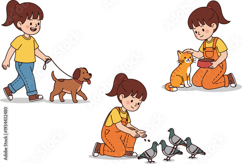 Little Girl Caring for Animals Feeding Pigeons Petting Cat and Walking Dog Vector Illustration
