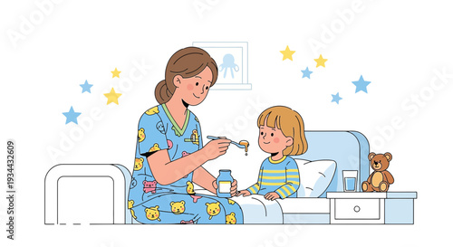 Nurse Giving Medicine To Sick Child in Bed