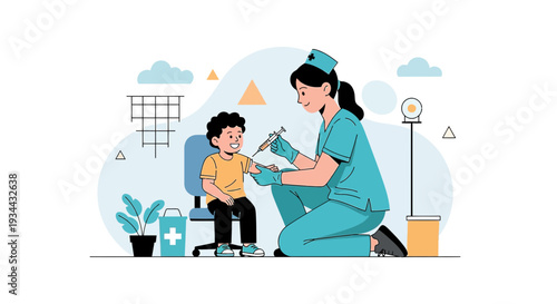 Nurse giving vaccination to a happy child, illustration, healthcare concept