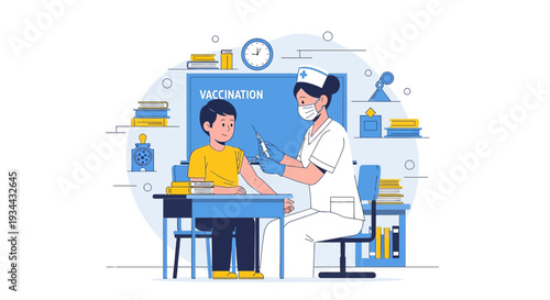 Nurse giving vaccination to a child in a classroom setting, healthcare concept