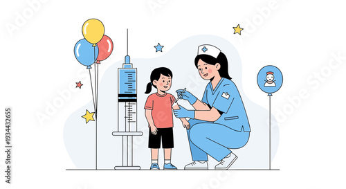 Nurse Giving Vaccination to Child with Syringe and Balloons Illustration