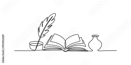 A continuous line drawing featuring a quill pen, inkwell, and open book on a white background Vector, illustration