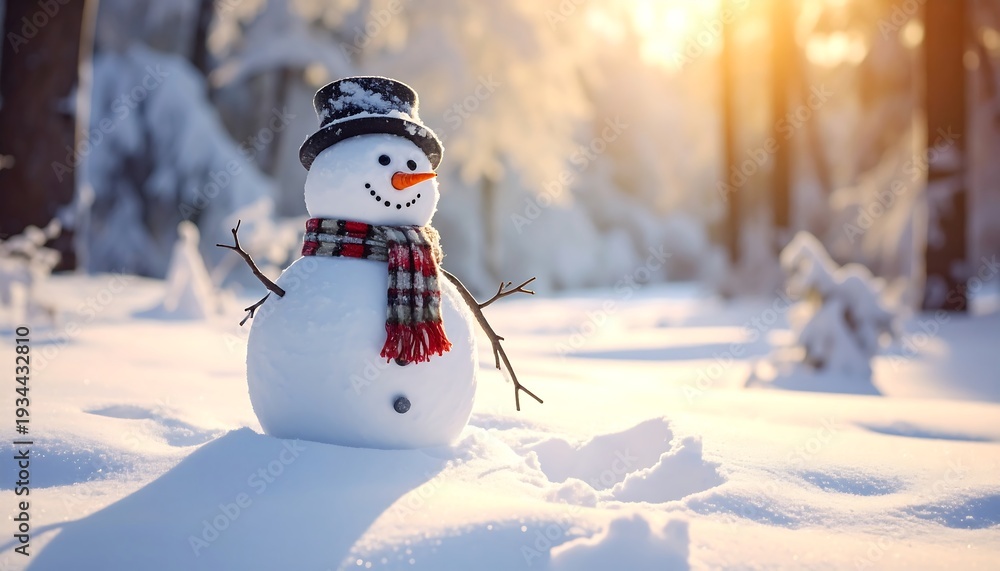 Obraz premium Adorable snowman in forest, sunlit, wearing hat, scarf, on snowy ground