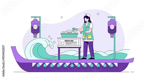 Nurse on Dragon Boat with IV Drip and Medicine, Medical Care at Sea