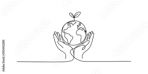 Continuous line drawing of hands holding the planet earth with a plant growing on top, symbolizing environmental care and growth. Vector, illustration