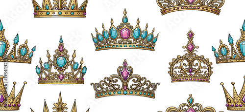 Elegant collection of vintage golden tiaras and luxury crowns featuring intricate filigree details, blue teal gems, and purple diamonds for royal wedding princess design.
