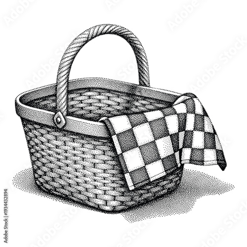Vintage stippled illustration of a wicker picnic basket with a checkered cloth draped over the side