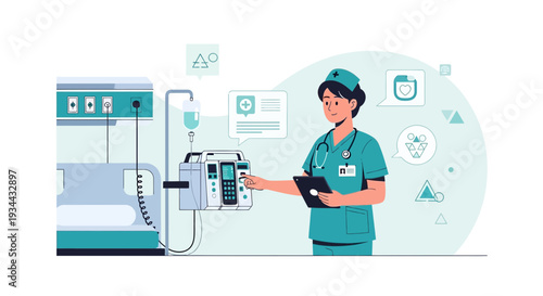 Nurse Operating Infusion Pump Next to Hospital Bed: Medical Care Illustration