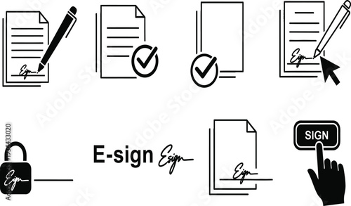 E-signature Icon Set: Digital Signature, Contract Signing, Online Document Approval Icons