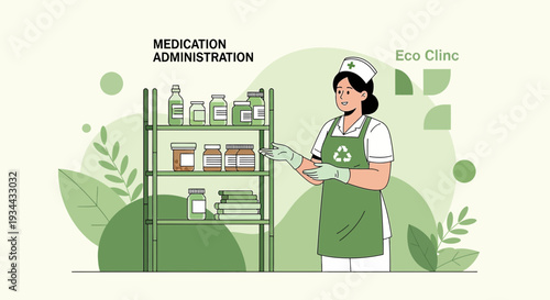 Nurse Organizing Medicines at Eco Clinic Pharmacy Shelf