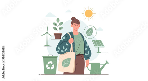 Smiling Woman Embracing Sustainable Living: Eco-Friendly Choices, Renewable Energy, Recycling & Nature. Modern Green Lifestyle Concept.