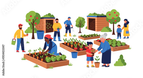 Diverse Community Garden: People of All Ages Planting, Watering, and Harvesting Fresh Organic Vegetables in Raised Beds