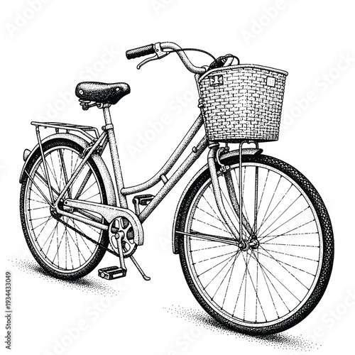 Vintage bicycle with a woven basket on the front and a rack on the back