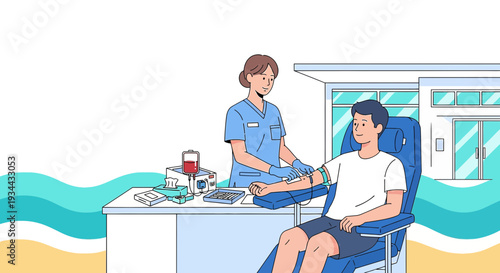 Nurse Performing Blood Donation Procedure on a Man in Medical Clinic
