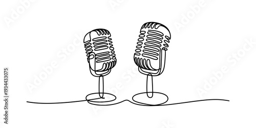Continuous line art drawing of two vintage microphones representing communication and broadcasting Vector, illustration