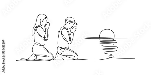 Continuous line drawing of a man and woman kneeling in prayer or respect before a setting sun Vector, illustration