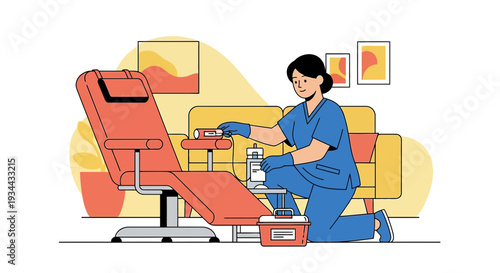 Nurse Prepares Blood Donation Chair for Patient in Modern Clinic