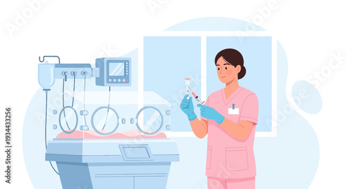 Nurse Prepares Syringe Beside Infant Incubator and Medical Equipment