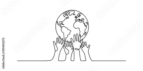 Continuous line drawing of multiple hands holding up the earth globe, symbolizing global unity and support Vector, illustration