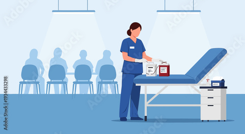 Nurse preparing blood donation station with patients waiting in background