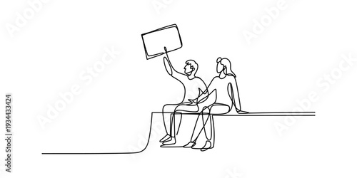 Continuous line art drawing of two people sitting on a ledge with one person holding up a blank sign Vector, illustration