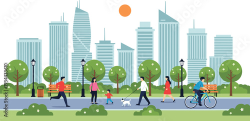 People walking cycling and relaxing in city park vector illustrationPeople walking cycling and relaxing in city park vector illustration