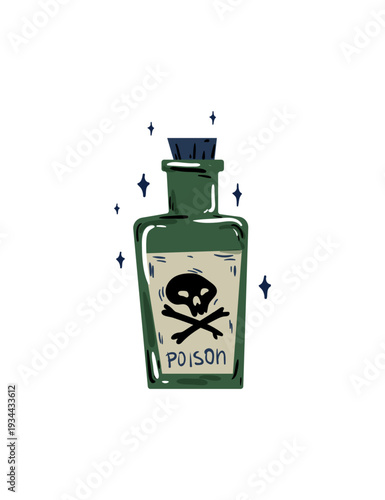 Vector illustration of a green poison bottle with a skull and crossbones.