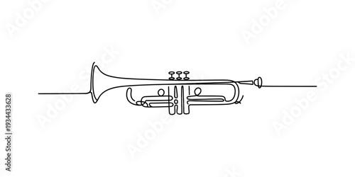 A minimalist continuous line art illustration of a trumpet, a brass musical instrument, on a white background. Vector, illustration