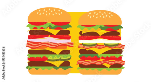 Delicious stacked burgers with bacon and cheese on sesame seed buns