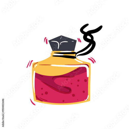 Vector illustration of a red potion bottle with a cap and feather.