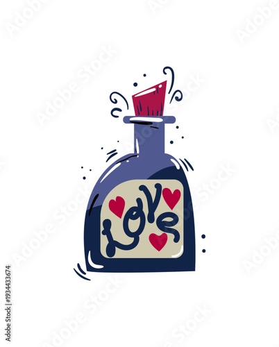 Vector illustration of a potion bottle with hearts and the word 'Love'.