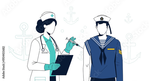 Nurse Administering Vaccine to Sailor, Medical Illustration, Healthcare Theme