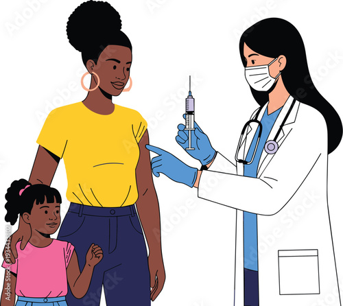 Woman receiving vaccination at clinic with doctor and child, healthcare immunization concept flat vector illustration