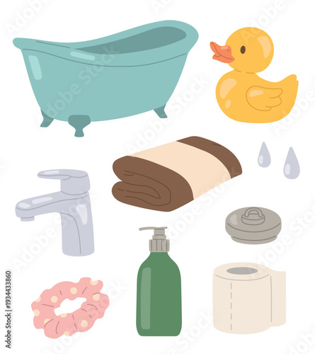 Flat vector bathroom elements set with bathtub, faucet, towel, soap dispenser, rubber duck and toilet paper. Colourful cartoon style illustration isolated on light background.
