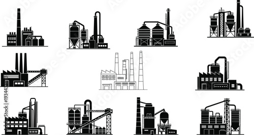 Collection of industrial factory silhouettes with plants, refineries, and manufacturing buildings isolated on white background, industrial production, energy sector, and heavy industry concept