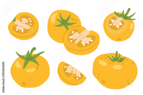 Set of yellow whole,slice,half tomatoes in flat style. Fresh whole tomato vegetables isolated on light background. Vector illustration for healthy food, greengrocer or grocery design.