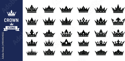 Large collection of black crown silhouette icons featuring various royal shapes and majestic symbols isolated on white background for logo and brand identity design.