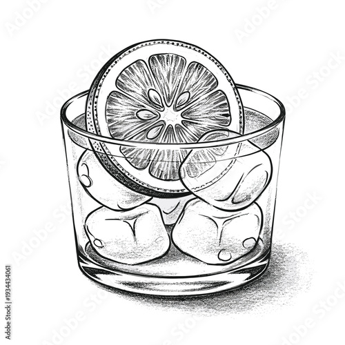 Hand-drawn illustration of a refreshing drink with ice cubes and a citrus slice in a glass
