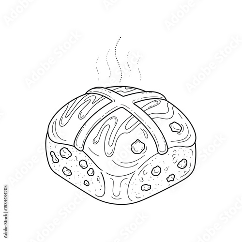 Hand-drawn illustration of a steaming hot cross bun with a cross on top and raisins
